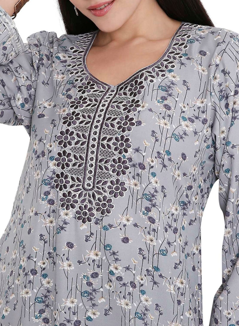 HANA & SARA ELEGANT FARASHA WITH UNIQUE THREAD EMBROIDERY AND STYLISH PRINTED MODEST ARABIC KAFTAN JALABIYA DRESS  - Image 3