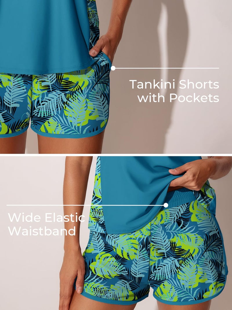 Summer Mae Blouson Tankini Swimsuits for Women 2026 Tummy Control Two Piece Bathing Suits with Sporty Pockets Swim Shorts Tropical Green Leaves Size 12 - Image 4