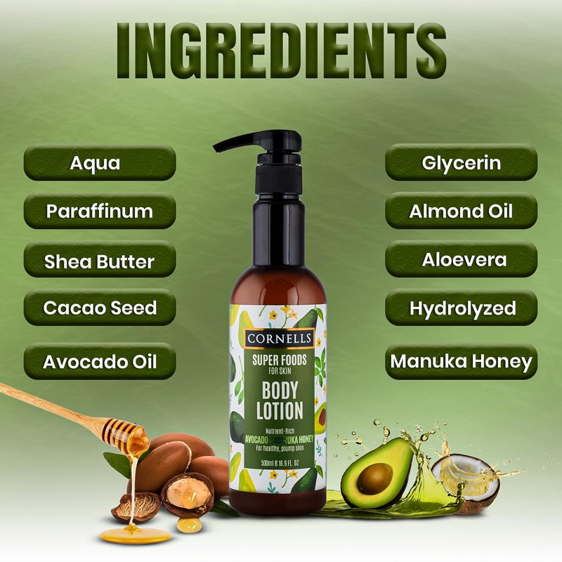 CORNELLS WELLNESS CORNELLS Super Foods Avocado & Manuka Honey Body Lotion | For Healthy & Plump Skin Body Lotion for Men & Women | Nourishing, Hydrating Paraben & Sulfate Free - 500ml - Image 2