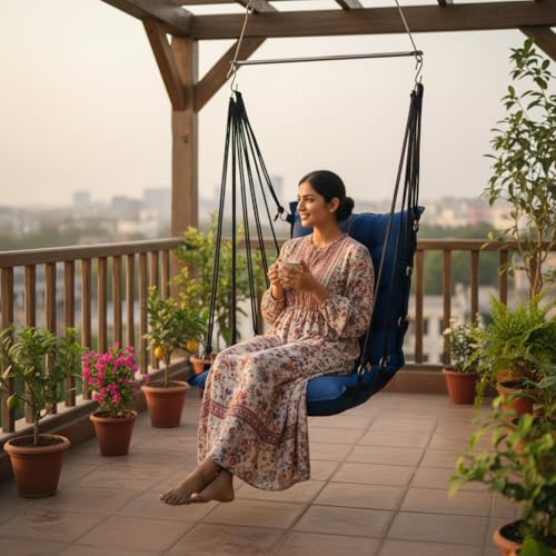 Patiofy Large Soft Leather Velvet Hammock Hanging Swing Chair,Jhula For Adults,Swing For Indoor/Outdoor,Home,Balcony & Garden,200 Kgs Weight Capacity (Free Hanging Accessories- Navy Blue) - Cotton - Image 1