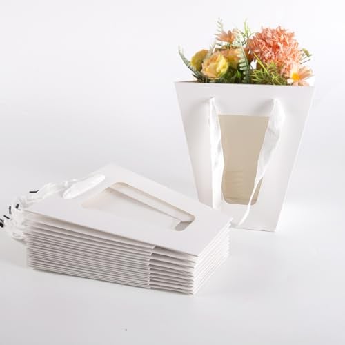 WWT 20Packs White Flower Gift Bag with Clear Window, Bouquet Bags with Handle, Party Favor Bags for Mother's Day Wedding Party Birthday - Image 1