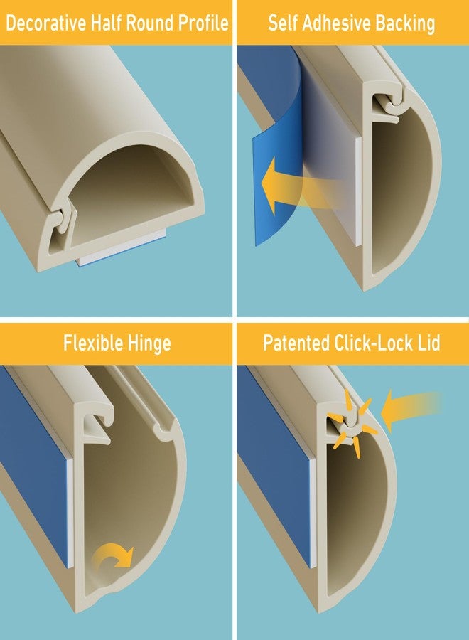 D-Line 13.12ft Cord Hider Kit, Patented Cable Cover, Hide Wires on Wall, Channel for TV Mount Cords, Raceway Wire Hiders, Paintable, Adhesive, Half Round, 4X 0.78in W x 0.39in H x 39in Lengths, Beige - Image 3
