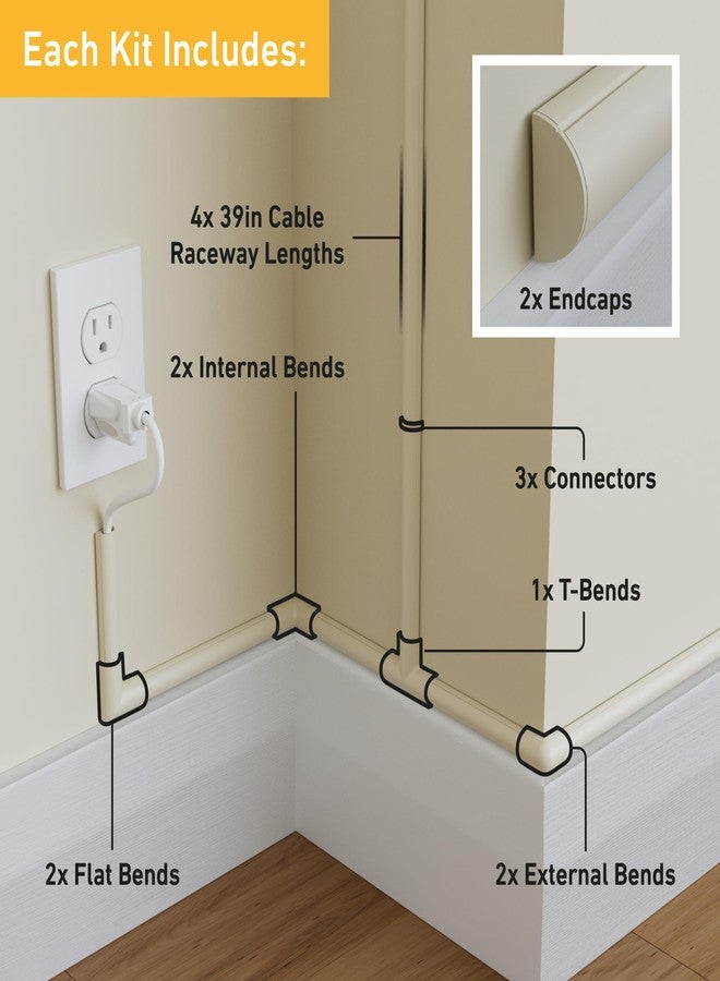 D-Line 13.12ft Cord Hider Kit, Patented Cable Cover, Hide Wires on Wall, Channel for TV Mount Cords, Raceway Wire Hiders, Paintable, Adhesive, Half Round, 4X 0.78in W x 0.39in H x 39in Lengths, Beige - Image 2