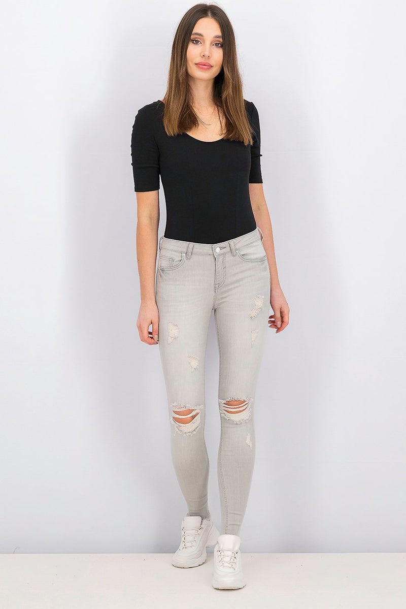 Reserved Women Slim Ripped Skinny Jeans, Ash Grey - Image 3