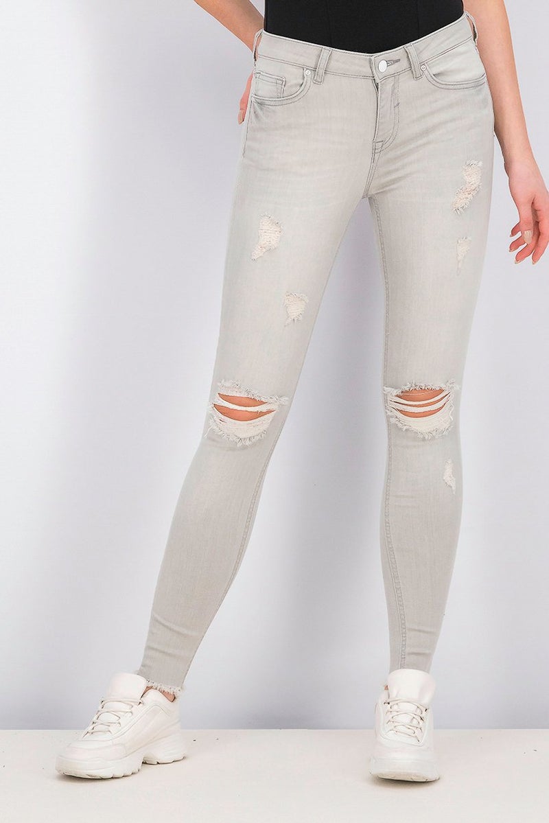Reserved Women Slim Ripped Skinny Jeans, Ash Grey - Image 1