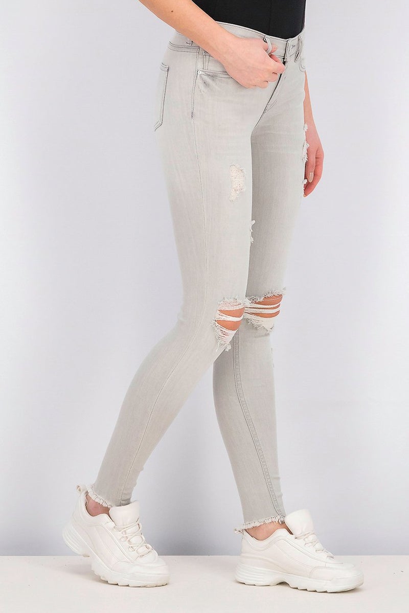 Reserved Women Slim Ripped Skinny Jeans, Ash Grey - Image 2