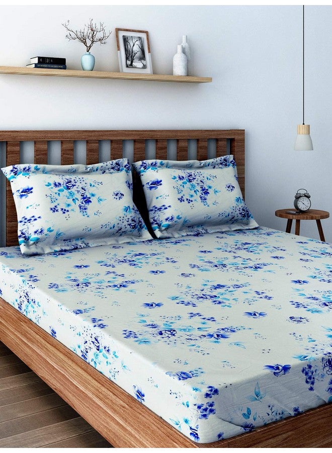 Swayam Swayam Veda Collection Premium Cotton 160 TC Floral Print Cotton Single Bed Sheet with 1 Pillow Cover - Blue/White  - Image 1