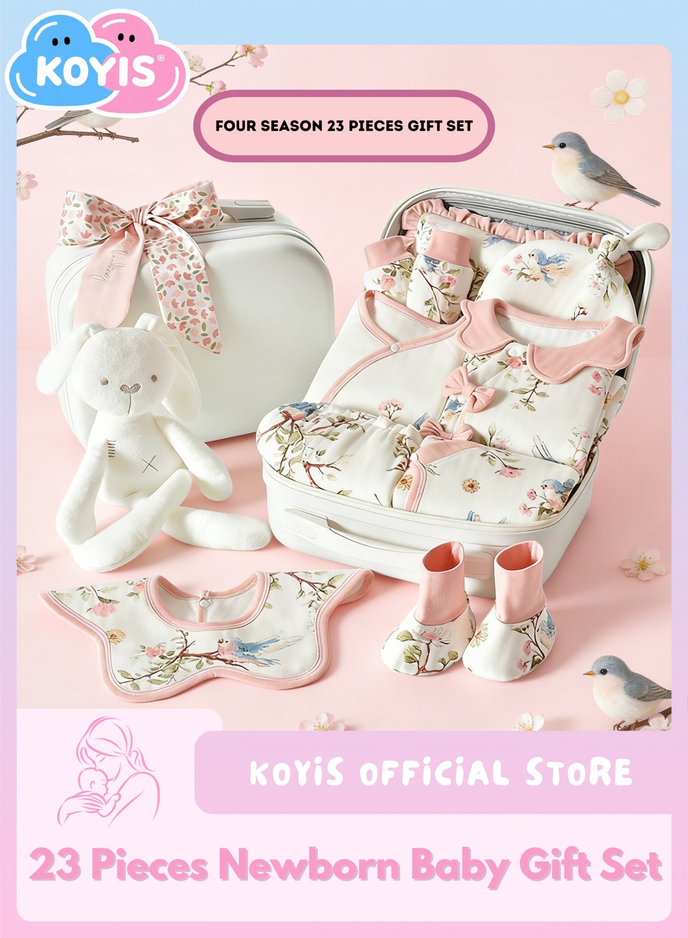 23 PCS Baby Layette Gift Set Suitcase - Newborn Gift Set, Baby Clothes Bodysuits Accessories Hat Bibs Pillow Blanket Toy, 100% Cotton, for four seasons Spring Summer Autumn Winter, 0-3 Months - Nature
