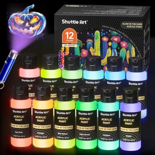 Shuttle Art Glow in the Dark Paint, 12 Colors with UV Light, 2oz/60ml Bottles, Ideal for Art Painting and Crafts, Great for Artists, Beginners on Rocks, Wood, Canvas, Fabric, and Halloween Decorations - Image 1