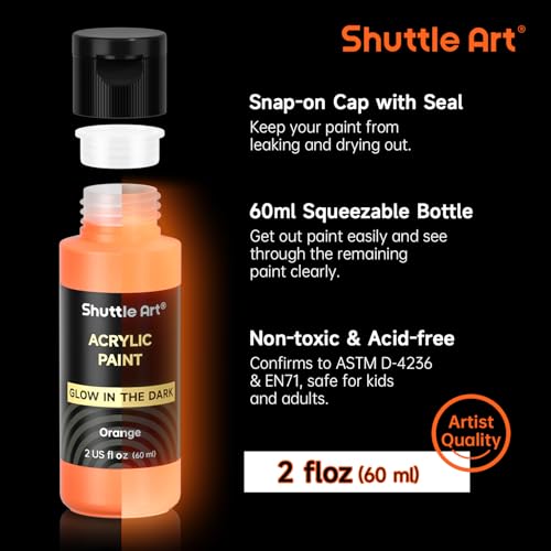 Shuttle Art Glow in the Dark Paint, 12 Colors with UV Light, 2oz/60ml Bottles, Ideal for Art Painting and Crafts, Great for Artists, Beginners on Rocks, Wood, Canvas, Fabric, and Halloween Decorations - Image 4