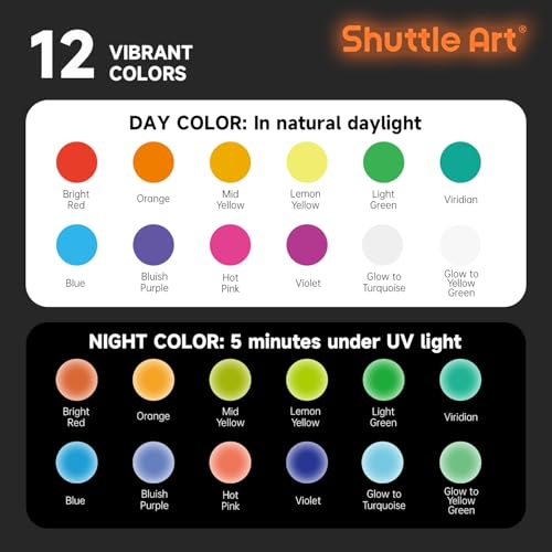 Shuttle Art Glow in the Dark Paint, 12 Colors with UV Light, 2oz/60ml Bottles, Ideal for Art Painting and Crafts, Great for Artists, Beginners on Rocks, Wood, Canvas, Fabric, and Halloween Decorations - Image 3