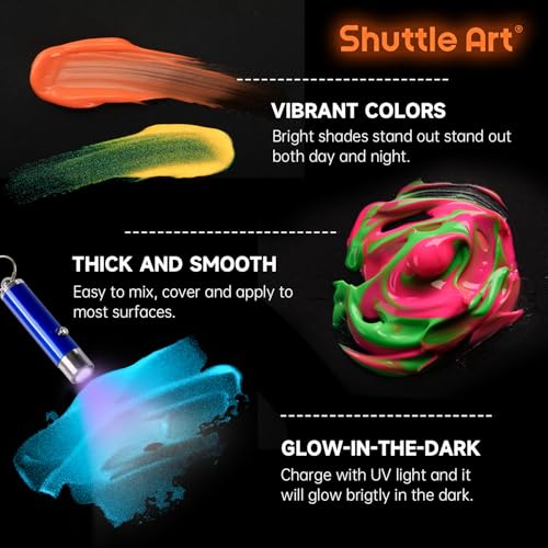 Shuttle Art Glow in the Dark Paint, 12 Colors with UV Light, 2oz/60ml Bottles, Ideal for Art Painting and Crafts, Great for Artists, Beginners on Rocks, Wood, Canvas, Fabric, and Halloween Decorations - Image 5
