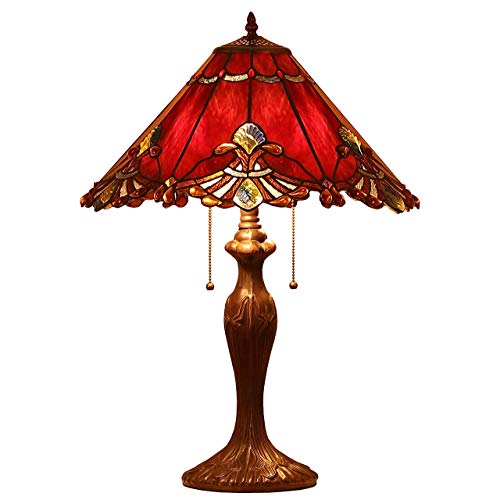 Bieye L10024 Baroque Tiffany Style Stained Glass Table Lamp with 17 inches Wide Handmade Lampshade for Bedside Bedroom Living Room, 26-inch Tall (Red) - Image 1