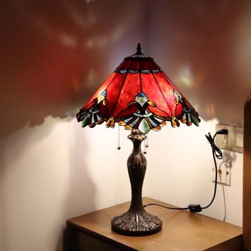 Bieye L10024 Baroque Tiffany Style Stained Glass Table Lamp with 17 inches Wide Handmade Lampshade for Bedside Bedroom Living Room, 26-inch Tall (Red) - Image 2