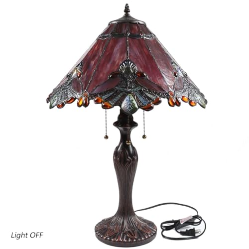 Bieye L10024 Baroque Tiffany Style Stained Glass Table Lamp with 17 inches Wide Handmade Lampshade for Bedside Bedroom Living Room, 26-inch Tall (Red) - Image 3