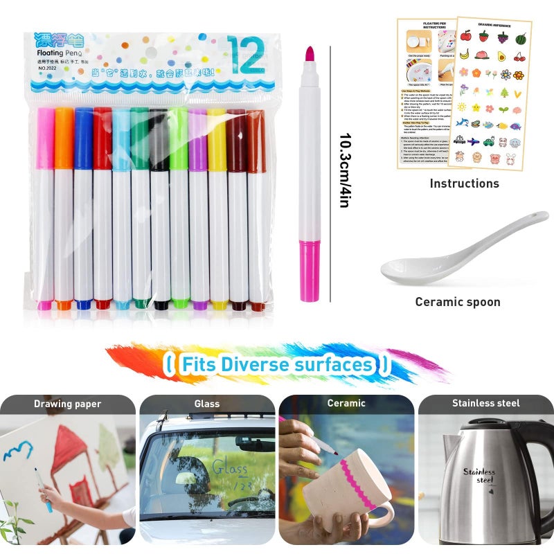 QETRABONE Magical Water Painting Pen-12 Colors Double Ended, Erasing Whiteboard Marker, Doodle Water Floating Pens, Magic Water Painting Pen for Kids - Image 2