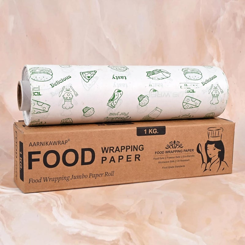 AARNIKAWRAP 1kg Food Wrapping Butter Paper Green Print Width 29 CMs Food Grade Standard EcoFriendly OilProof NonWax Baking Paper Used in Kitchen Cake Cookie Wrapping RotiFood Burger etc - Image 1