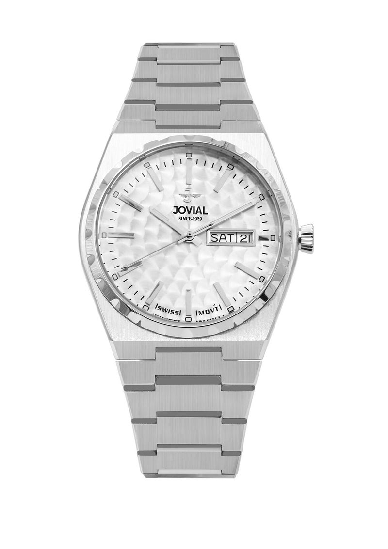 جوفيال ساعة جوفيال 1540LSMQ01E، ساعة نسائية أنيقة، مصنوعة من الفولاذ المقاوم للصدأ، مينا أبيض، مشبك فراشة، عرض اليوم والتاريخ، 32 مم - Image 1