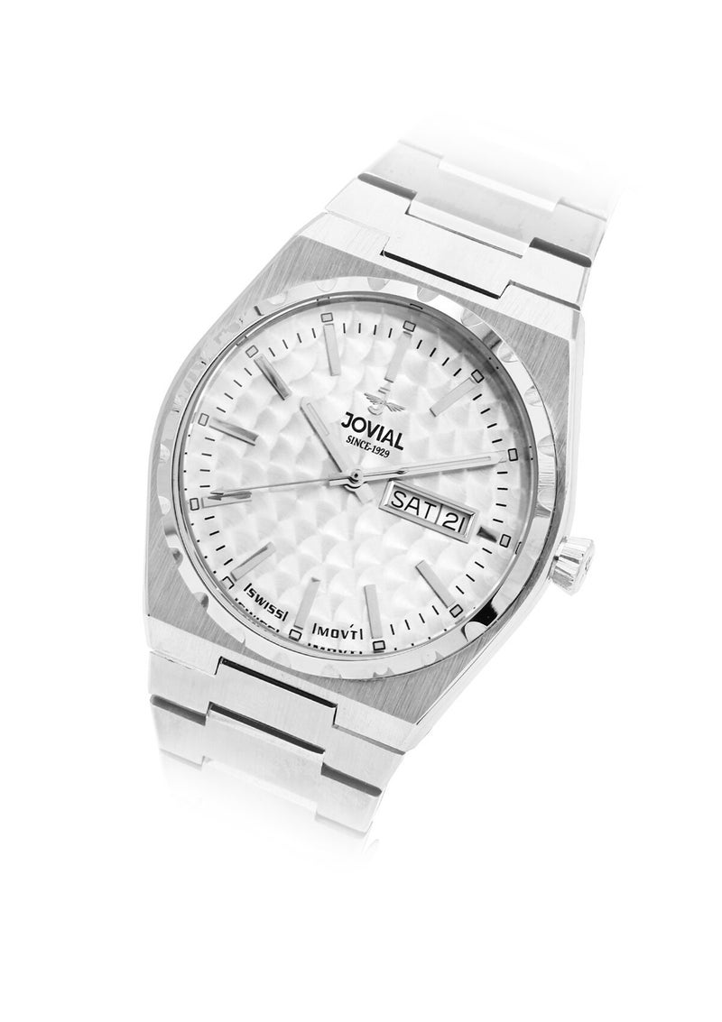 جوفيال ساعة جوفيال 1540LSMQ01E، ساعة نسائية أنيقة، مصنوعة من الفولاذ المقاوم للصدأ، مينا أبيض، مشبك فراشة، عرض اليوم والتاريخ، 32 مم - Image 2