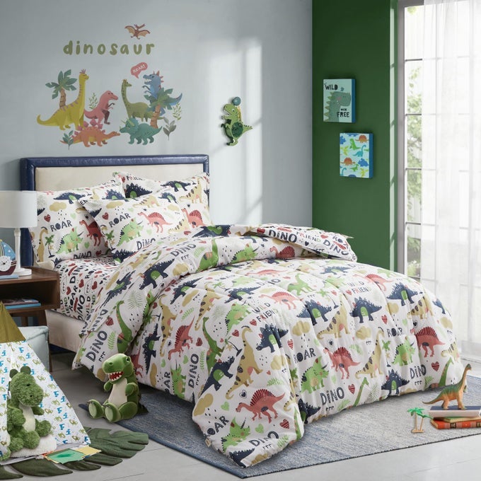 6 PIECE TWIN SIZE BED IN A BAG COLORFUL DINOSAUR ON WHITE DESIGN MICROFIBER COMFORTER SET FOR KIDS BOYS N GIRLS 1 COMFORTER 2 PILLOW SHAMS 1 FLAT SHEET 1 FITTED SHEET1 PILLOWCASE