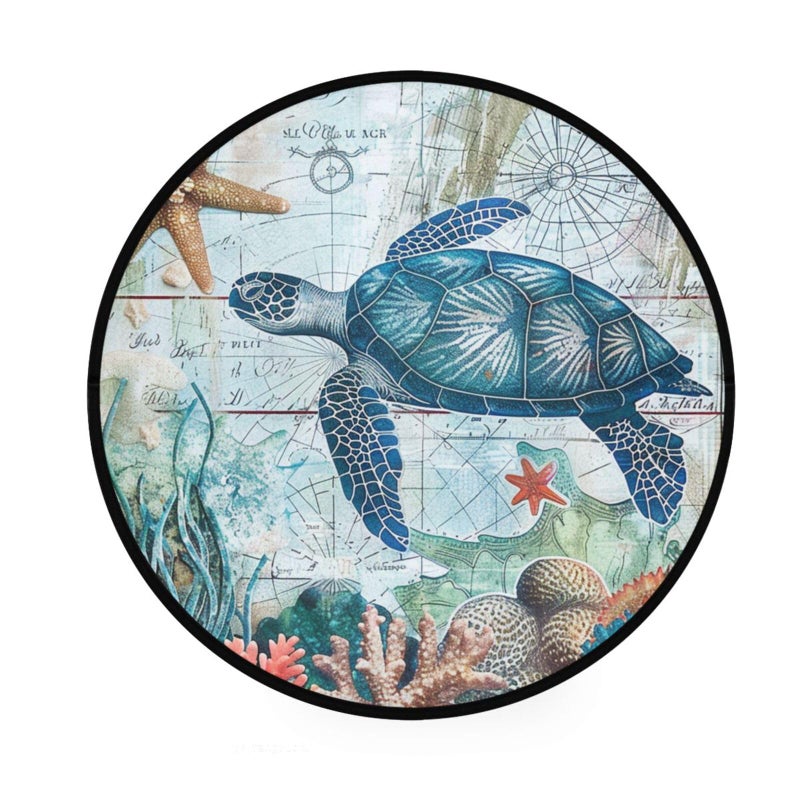 Vdsrup Sea Turtle Starfish Retro Map Round Area Rug Non Slip Round Rug Doormat Door Floor Mat Carpet for Living Room Bedroom Home Decor