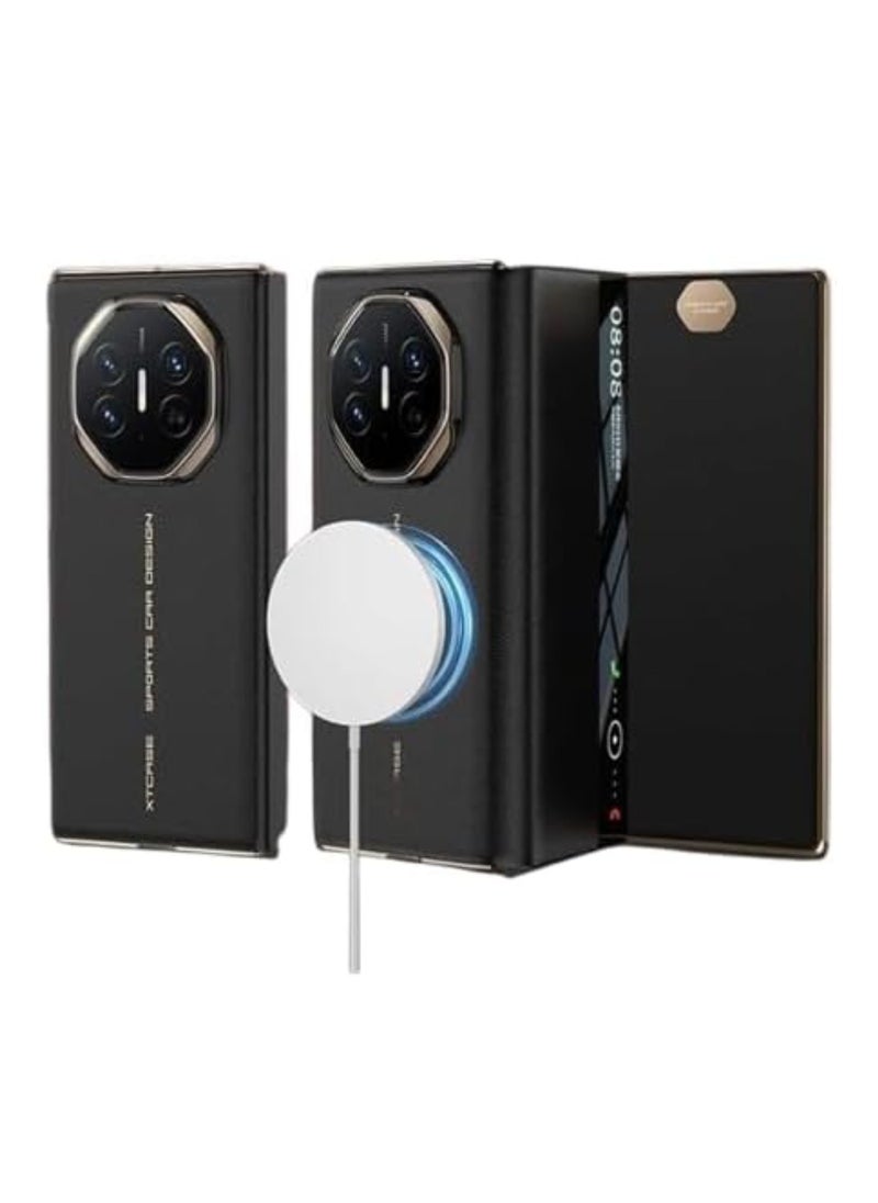 اووكاي - جراب جلدي مغناطيسي لهاتف Huawei Mate XT، صدفي ثلاثي الطي مع حلقة مغناطيسية مزدوجة، دعم مغناطيسي قوي لقبضة الهاتف Magsafe، شاشة عرض ذكية لهاتف Huawei Mate XT (أسود) - Image 1