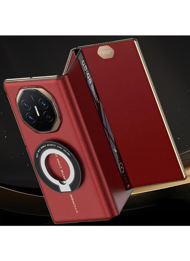 اووكاي - جراب جلدي مغناطيسي لهاتف Huawei Mate XT، صدفي ثلاثي الطي مع حلقة مغناطيسية مزدوجة، دعم مغناطيسي قوي لقبضة الهاتف Magsafe، شاشة عرض ذكية لهاتف Huawei Mate XT (أسود) - Image 1