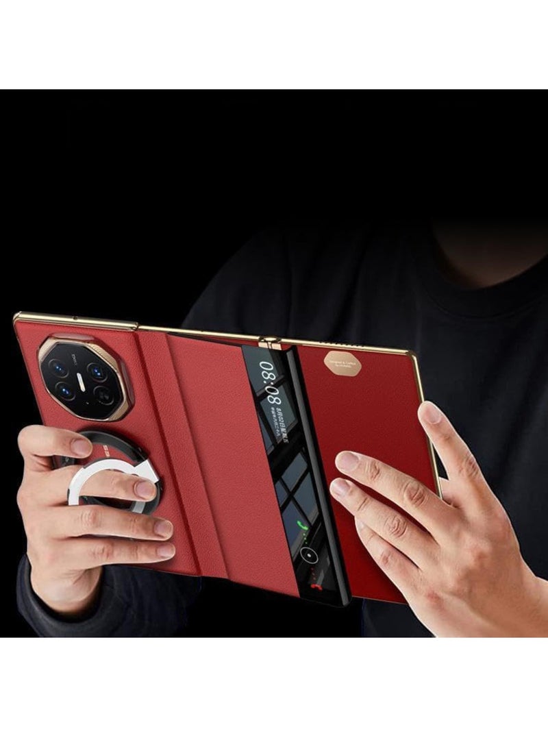 اووكاي - جراب جلدي مغناطيسي لهاتف Huawei Mate XT، صدفي ثلاثي الطي مع حلقة مغناطيسية مزدوجة، دعم مغناطيسي قوي لقبضة الهاتف Magsafe، شاشة عرض ذكية لهاتف Huawei Mate XT (أسود) - Image 1