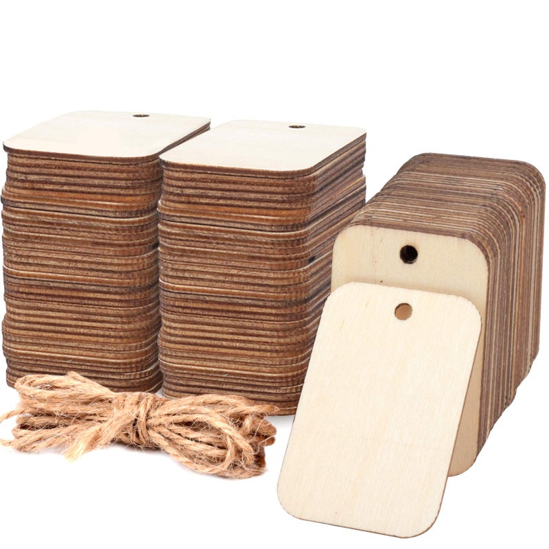 HNYYZL 100 Pcs Unfinished Wood Pieces Rectangle-Shaped, Light Wooden Cutout Natural Rustic with Hole, and 2M Hemp Rope, for Craft Projects, Hanging Decorations, Painting, Staining (2” x 1.3”) - Image 1
