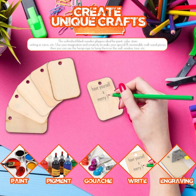 HNYYZL 100 Pcs Unfinished Wood Pieces Rectangle-Shaped, Light Wooden Cutout Natural Rustic with Hole, and 2M Hemp Rope, for Craft Projects, Hanging Decorations, Painting, Staining (2” x 1.3”) - Image 3