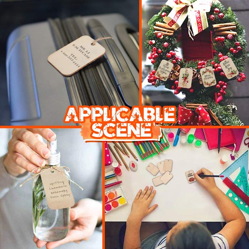 HNYYZL 100 Pcs Unfinished Wood Pieces Rectangle-Shaped, Light Wooden Cutout Natural Rustic with Hole, and 2M Hemp Rope, for Craft Projects, Hanging Decorations, Painting, Staining (2” x 1.3”) - Image 5