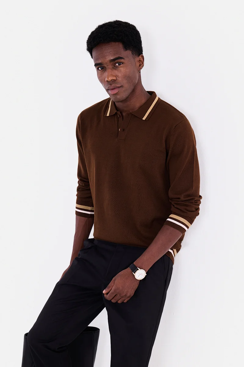 SNITCH Brown Solid Long Sleeve Regular Fit T-Shirt