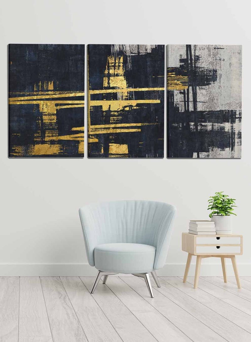 لوحة طقم من ٣ لوحات كانفاس على إطار خشبي، تصميم ذهبي على ألوان داكنة، للمنزل، غرفة المعيشة، المكتب، الديكور - Image 2