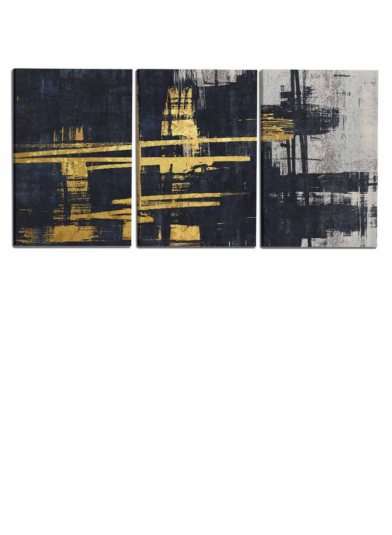 لوحة طقم من ٣ لوحات كانفاس على إطار خشبي، تصميم ذهبي على ألوان داكنة، للمنزل، غرفة المعيشة، المكتب، الديكور - Image 4