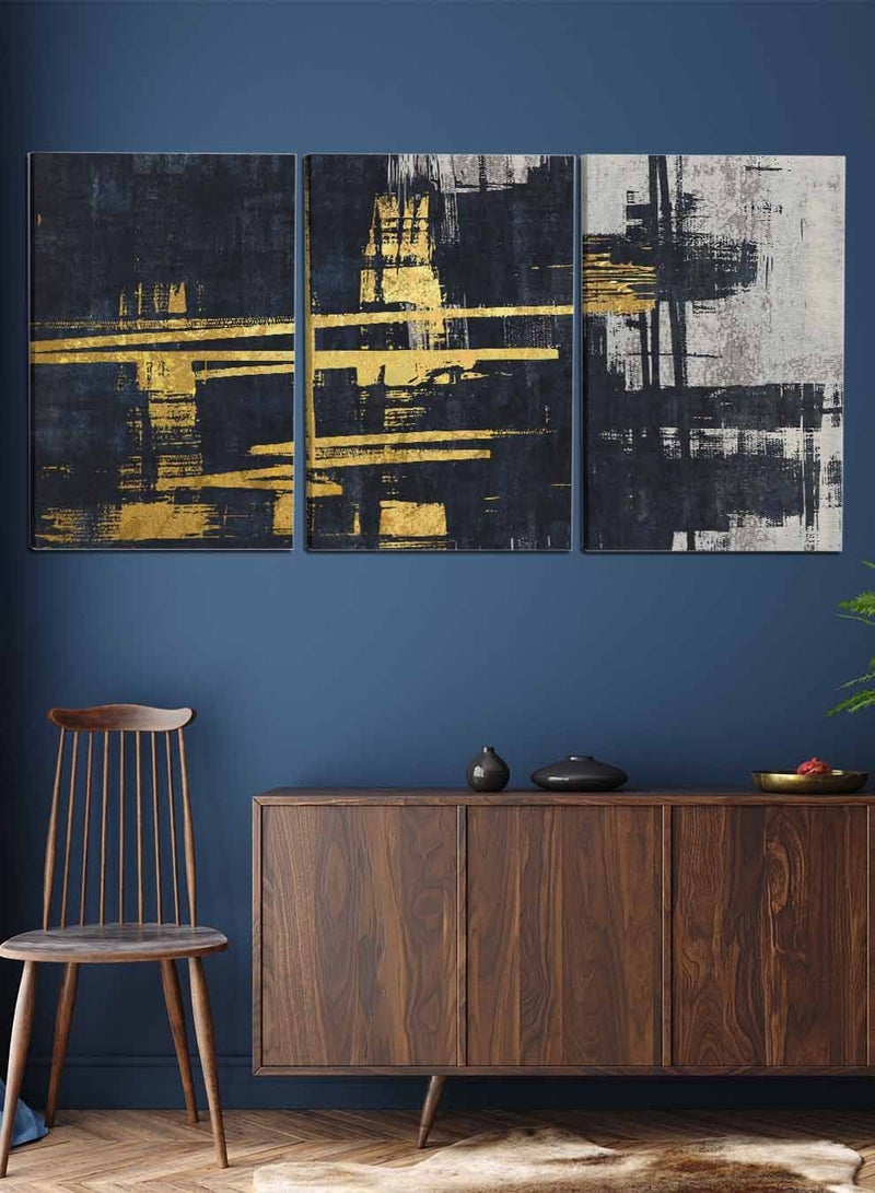 لوحة طقم من ٣ لوحات كانفاس على إطار خشبي، تصميم ذهبي على ألوان داكنة، للمنزل، غرفة المعيشة، المكتب، الديكور - Image 1