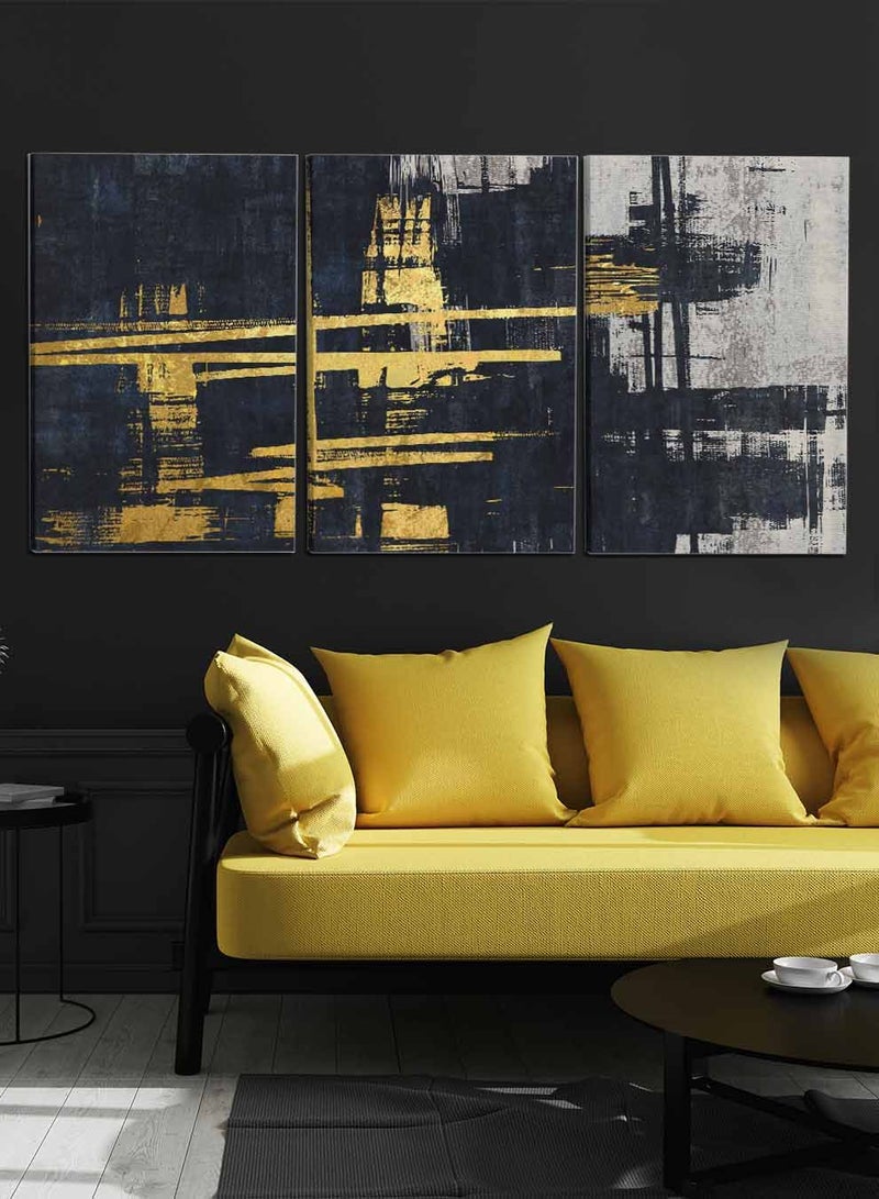 لوحة طقم من ٣ لوحات كانفاس على إطار خشبي، تصميم ذهبي على ألوان داكنة، للمنزل، غرفة المعيشة، المكتب، الديكور - Image 3