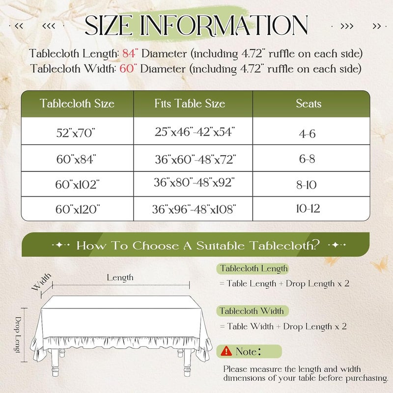 KKJIAF غطاء طاولة مستطيل من المخمل الأخضر الزيتوني مقاس 60 × 84 بوصة، غطاء طاولة مستطيل ريفي كلاسيكي ذو حواف كشكشة قابل للغسل لحفلات الزفاف والولائم وحفلات استقبال المولود وديكور المطبخ - Image 2