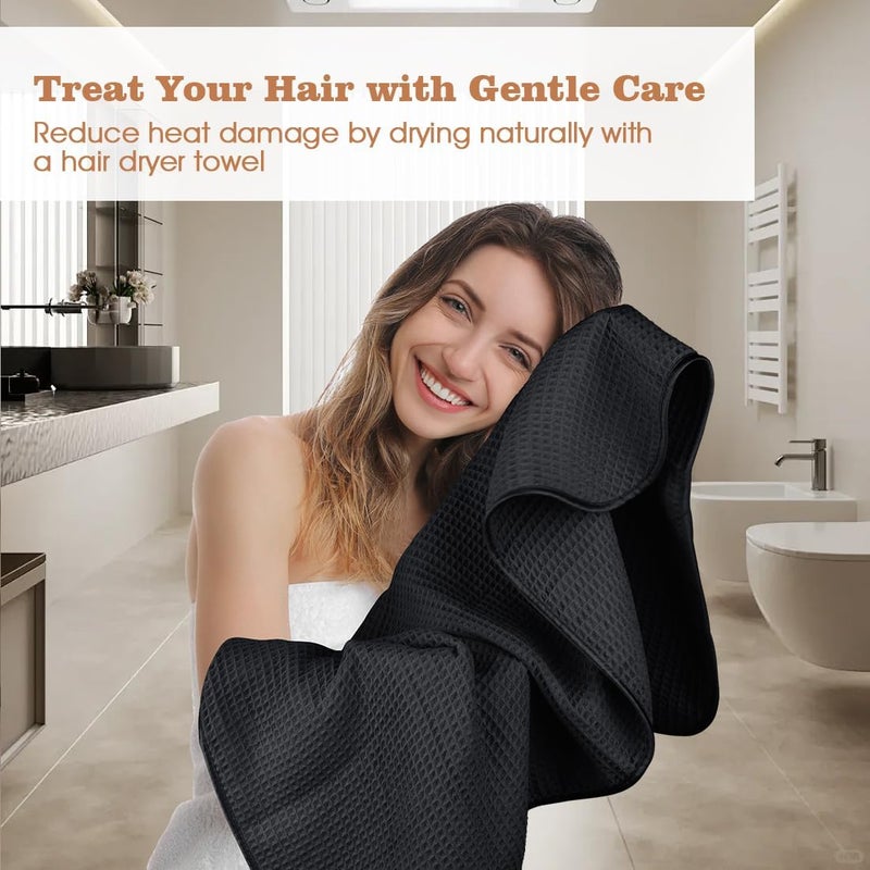 GLIMGLINT 2 Pack Black Large Microfiber Hair Towel Wrap for Women, Super Soft Hair Drying Towel, Fast Drying Waffle Hair Towel Wrap with Elastic Strap 40"X26.5" - Image 3