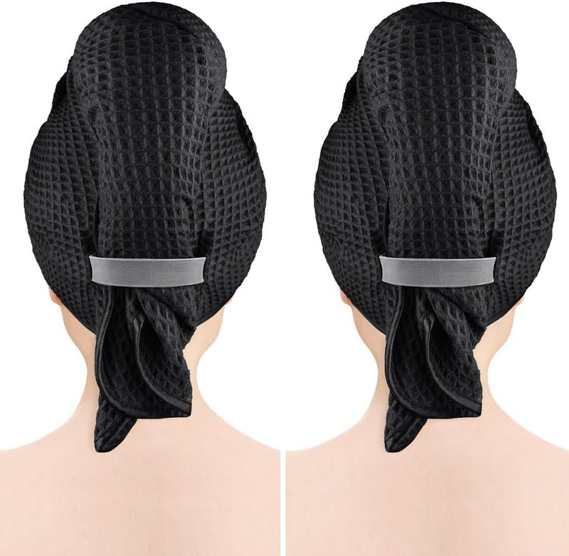 GLIMGLINT 2 Pack Black Large Microfiber Hair Towel Wrap for Women, Super Soft Hair Drying Towel, Fast Drying Waffle Hair Towel Wrap with Elastic Strap 40"X26.5" - Image 1