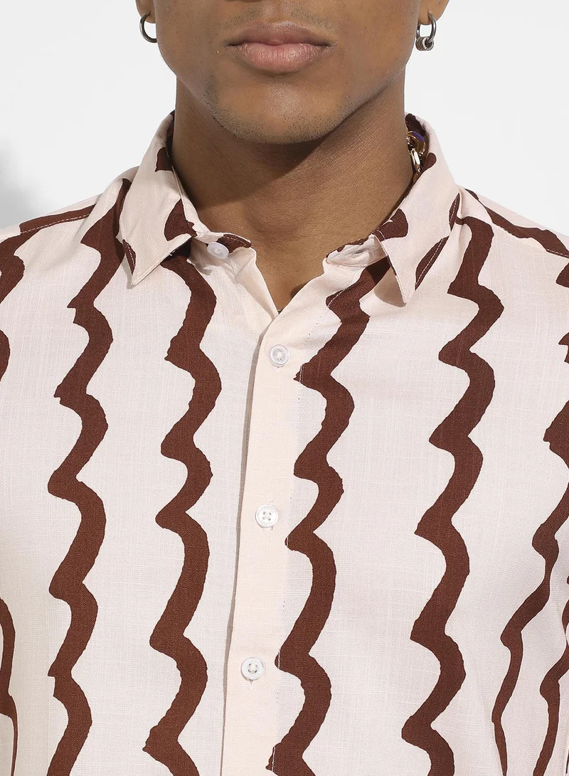 Campus Sutra Men's Beige & Brown Contrast Paint Lines Shirt