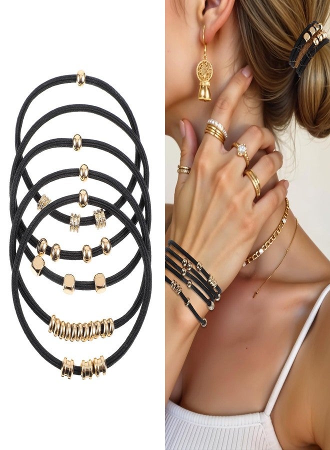 Yuanchu 5Pcs Boho Hair Tie Bracelets for Women, Cute Elastic No Damage Pony Tails Hair Ties Gold Beaded Hair Tie Ponytail Holders Hair Bands with Gold Jewelry Hair Accessories for Gifts(Black) - Image 1