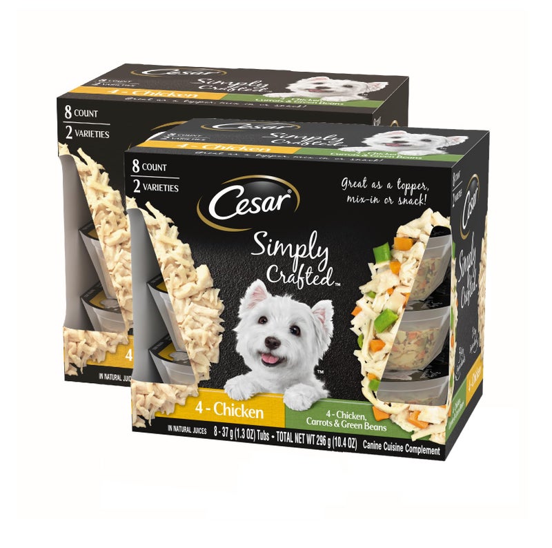 Cesar Simply Crafted Wet Dog Food Toppers for Dry Food, Chicken and Chicken, Carrots & Green Beans Meal Topper Variety Pack, 1.3 oz. Tubs, 8 Count (Pack of 2) - Image 1