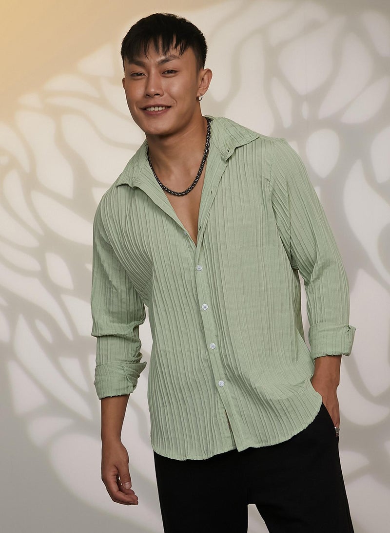 Campus Sutra Men's Sage Green Self-Design Striped Shirt - Image 2