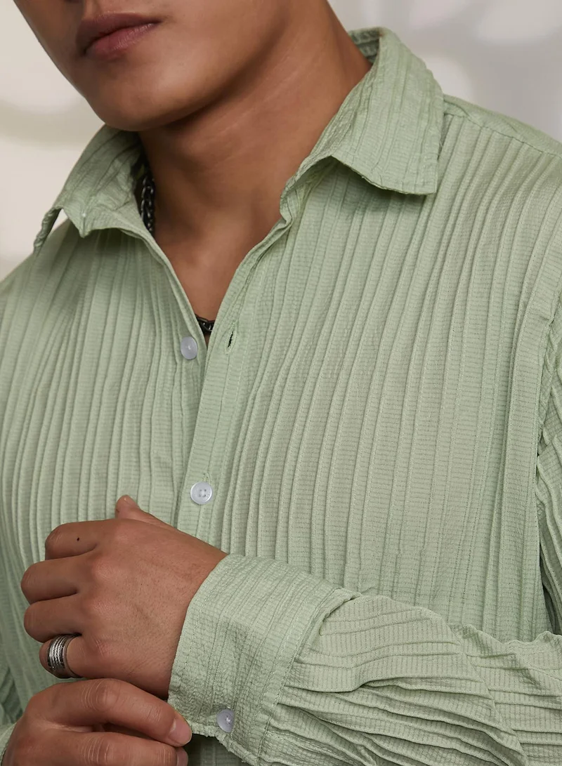 Campus Sutra Men's Sage Green Self-Design Striped Shirt