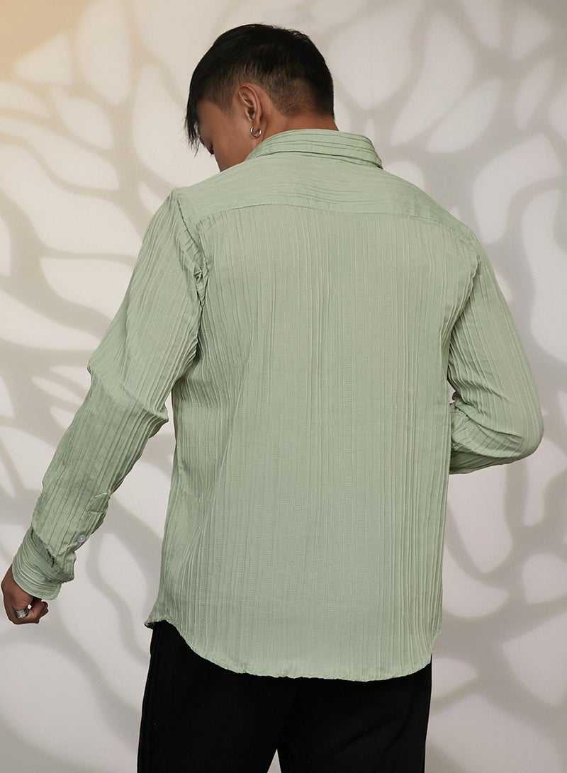 Campus Sutra Men's Sage Green Self-Design Striped Shirt - Image 5