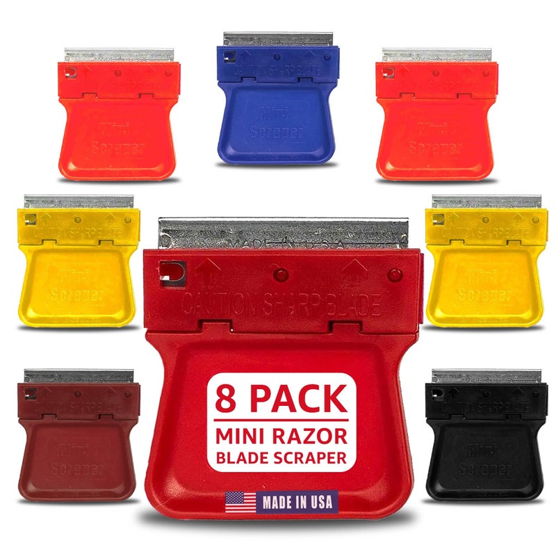 MINISCRAPER Original Mini Razor Scrapers 8 Pack US Made For Scraping Off Paint Decals Labels Stickers and Debris On a Variety Of Surfaces