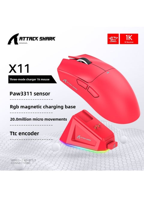 Attack Shark X11 Mouse Lightweight PAW3311 E-sports Game Three-mode Wireless Bluetooth Mouse Charging RGB Bottom-Colour:Attack Shark X11 Three-mode Mouse Red With Rgb Charging Stand