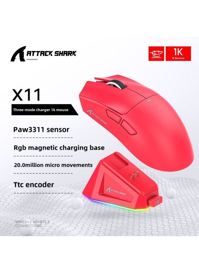 Generic Attack Shark X11 Mouse Lightweight PAW3311 E-sports Game Three-mode Wireless Bluetooth Mouse Charging RGB Bottom-Colour:Attack Shark X11 Three-mode Mouse Red With Rgb Charging Stand  - Image 1