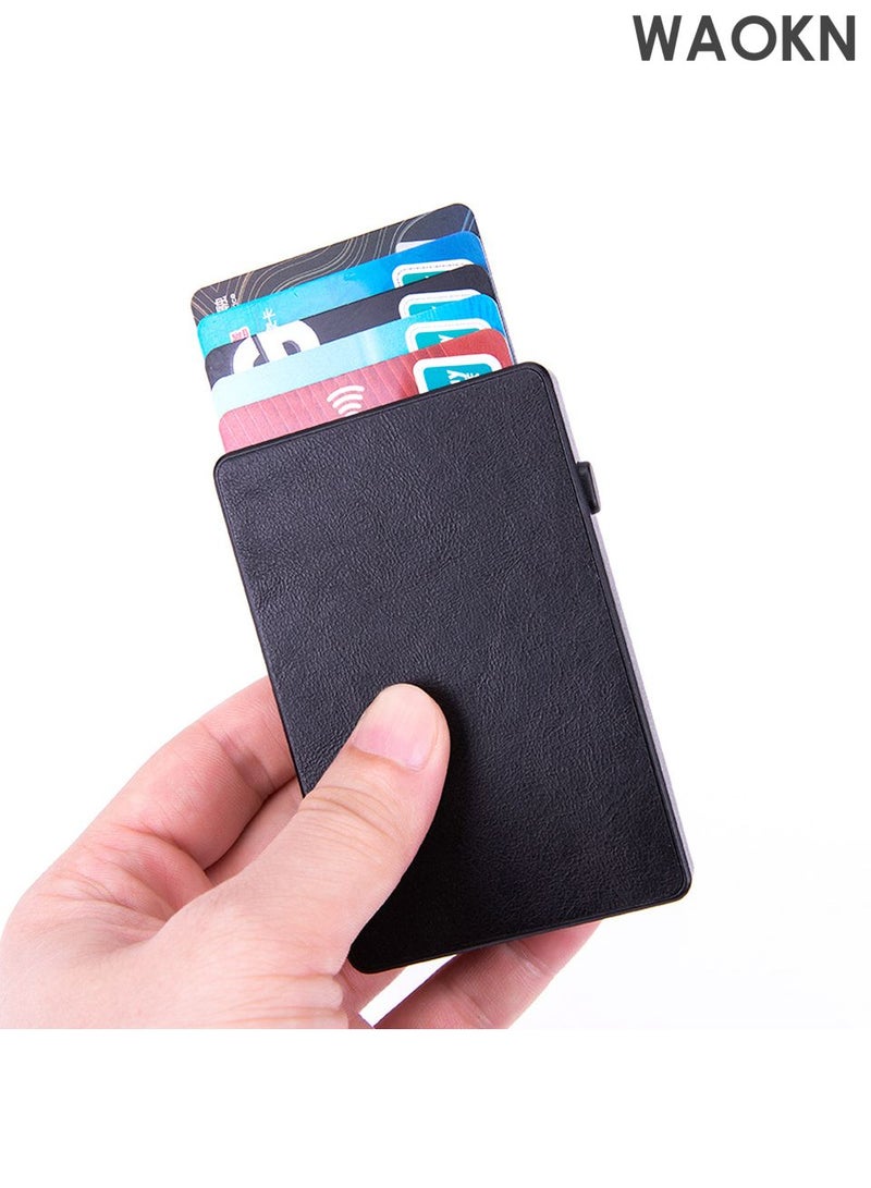 دبليو أيه أو كي أن محفظة حامل بطاقات، محفظة منبثقة بسيطة للرجال مزودة بخاصية حجب RFID، محفظة بطاقات ائتمان رفيعة للأعمال مع جيب للنقود، حافظة بطاقات بنكية من معدن الألومنيوم بتصميم أسود للنقود والعملات المعدنية وبطاقات الائتمان من Airtag - Image 2