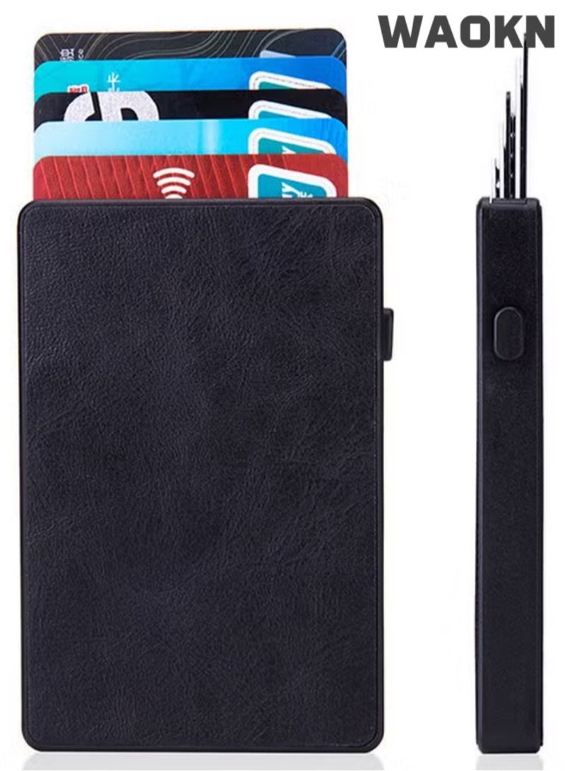 دبليو أيه أو كي أن محفظة حامل بطاقات، محفظة منبثقة بسيطة للرجال مزودة بخاصية حجب RFID، محفظة بطاقات ائتمان رفيعة للأعمال مع جيب للنقود، حافظة بطاقات بنكية من معدن الألومنيوم بتصميم أسود للنقود والعملات المعدنية وبطاقات الائتمان من Airtag - Image 1